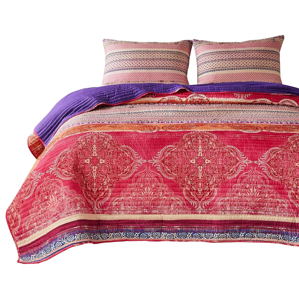 Benjara Dora 3 Piece Bohemian Full Quilt Set, Medallion, Paisley, Pink and Blue