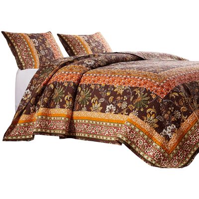 Benjara Dill 2 Piece Twin Quilt Set, Bohemian, Jacobean Floral Print, Brown and Orange