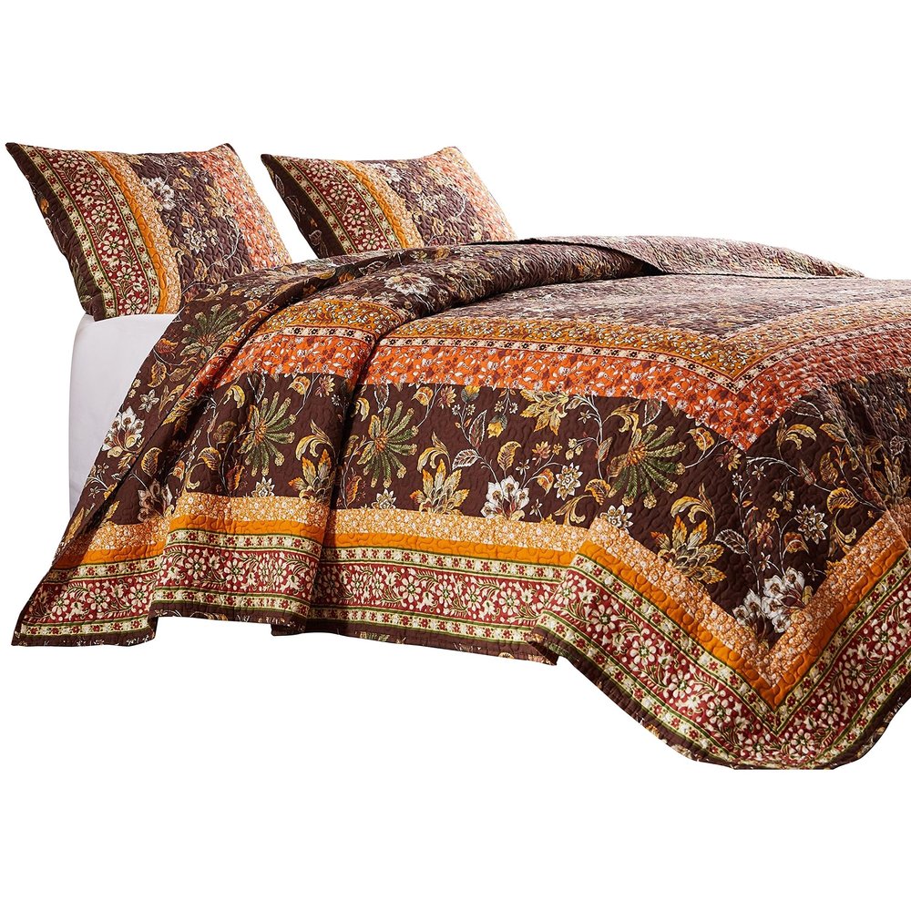 Benjara Dill 2 Piece Twin Quilt Set, Bohemian, Jacobean Floral Print, Brown and Orange