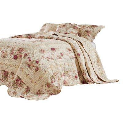 Benjara Rosle 3 Piece King Bedspread Set, Floral Print, Scalloped, Cream and Pink