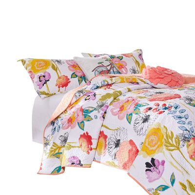 Benjara Mavi 5 Piece Reversible King Quilt Set, Spring Floral Print, Multicolor