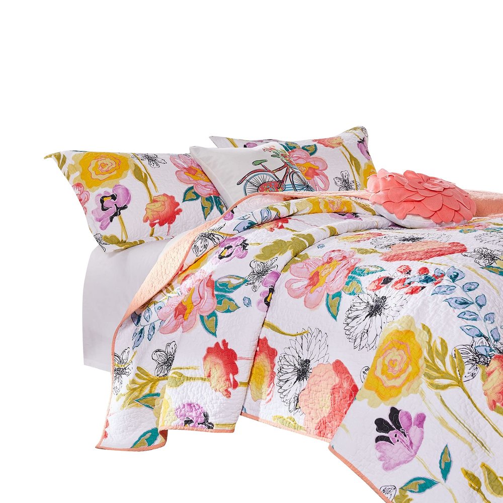 Benjara Mavi 5 Piece Reversible King Quilt Set, Spring Floral Print, Multicolor