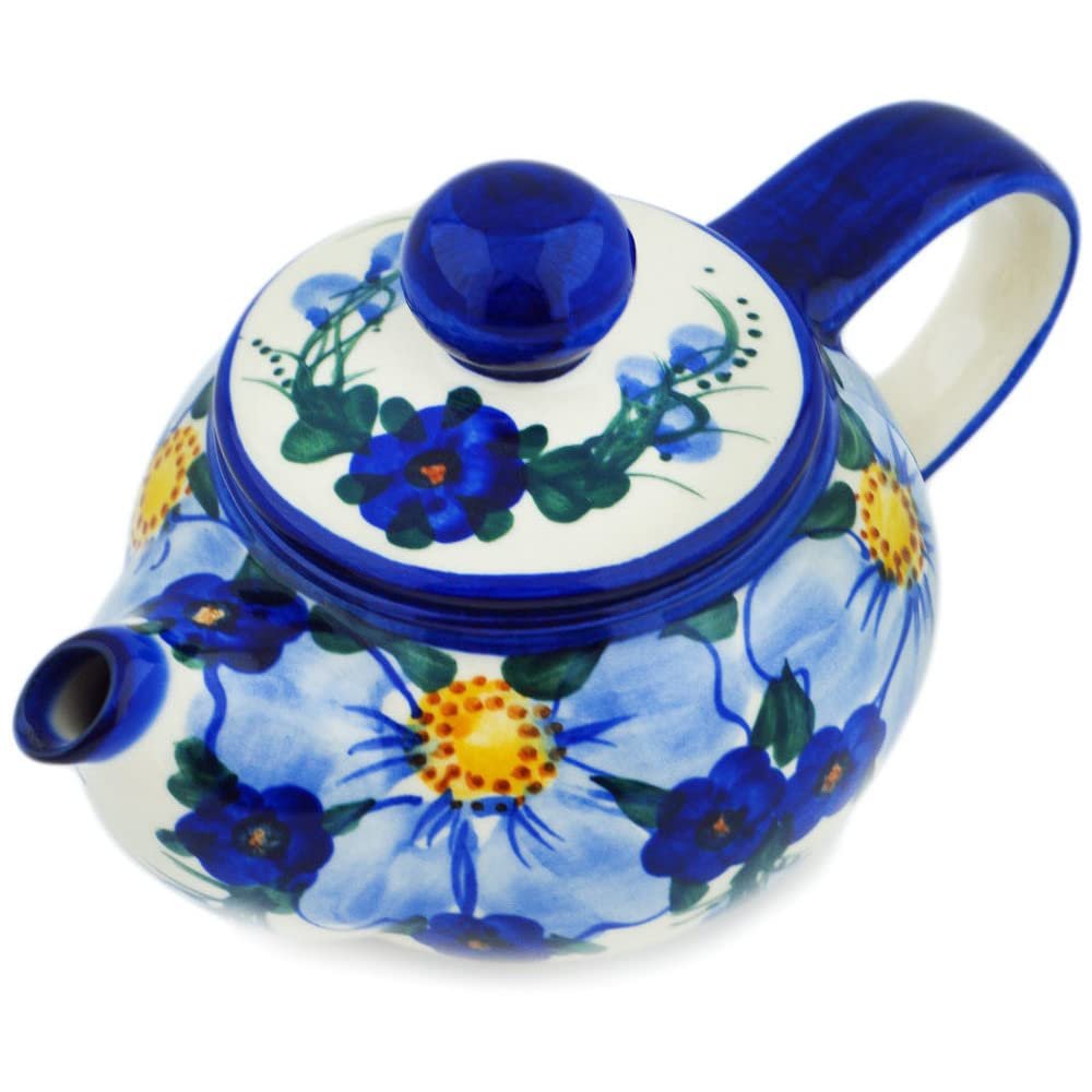 Polmedia Polish Pottery Tea Pot with Sifter UNIKAT - Himalayan Blue Poppy Pattern Handmade in Boleslawiec Poland by Ceramika Bona + Certificate of Authenticity