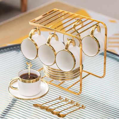 Afternoon Tea Coffee Cup And Saucer Set with Metal Holder, 8 OZ Cups & Saucer Service for 6, European Ceramic Tea Set for Adults Suitable for Home Office Wedding Gifts,A