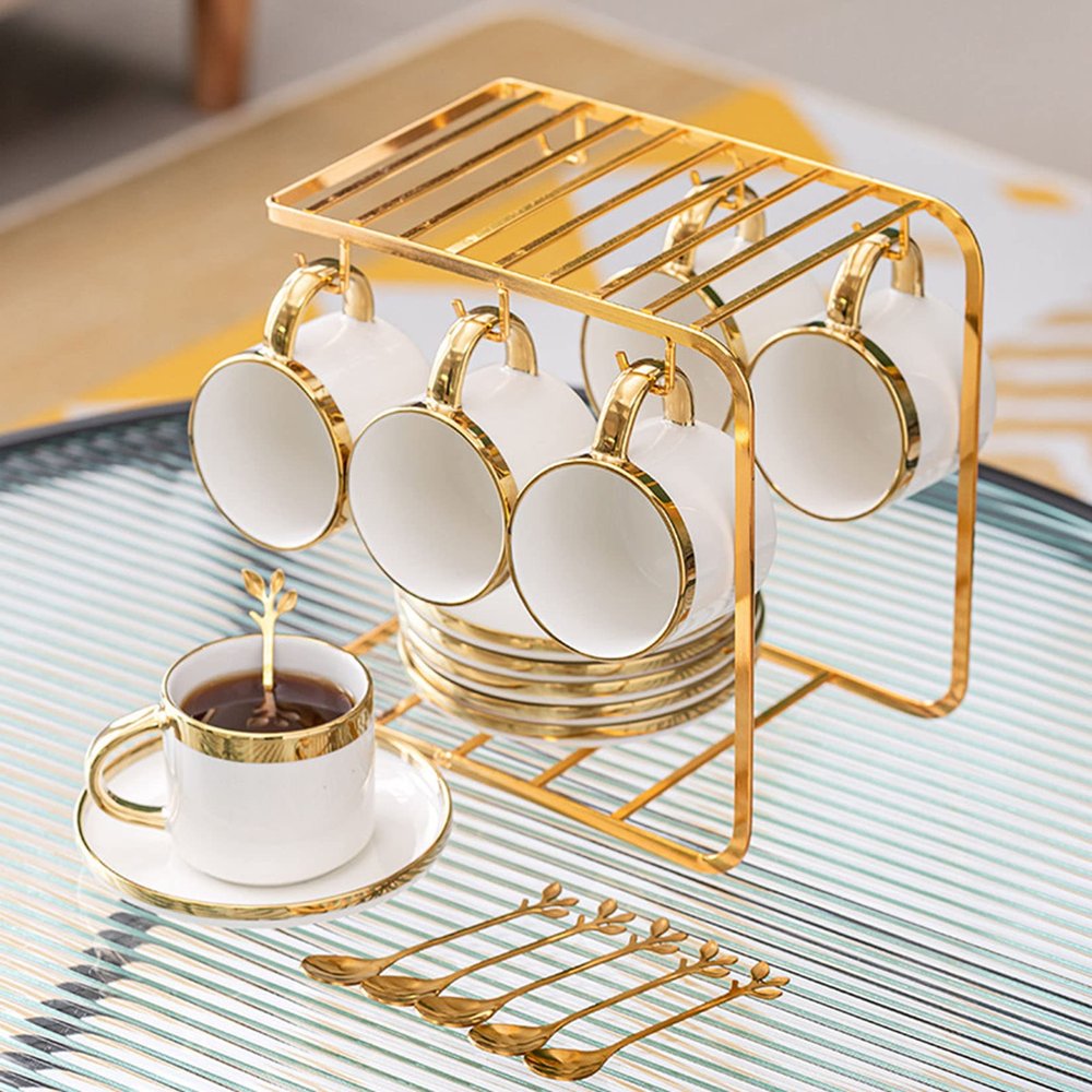 Afternoon Tea Coffee Cup And Saucer Set with Metal Holder, 8 OZ Cups & Saucer Service for 6, European Ceramic Tea Set for Adults Suitable for Home Office Wedding Gifts,A