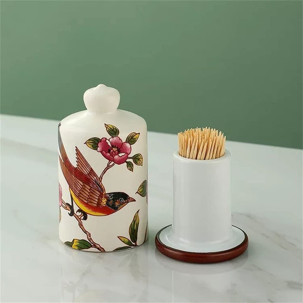 Ceramic flower pattern toothpick holder cotton swab box home desktop finishing storage box (Color : B, Size : 5.2x9.5cm)