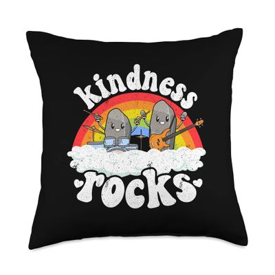 Retro Teacher & Kindness Gifts Men Women Kids Anti Bullying Rainbow Hippie Music Teacher Kindness Rocks Throw Pillow, 18x18, Multicolor