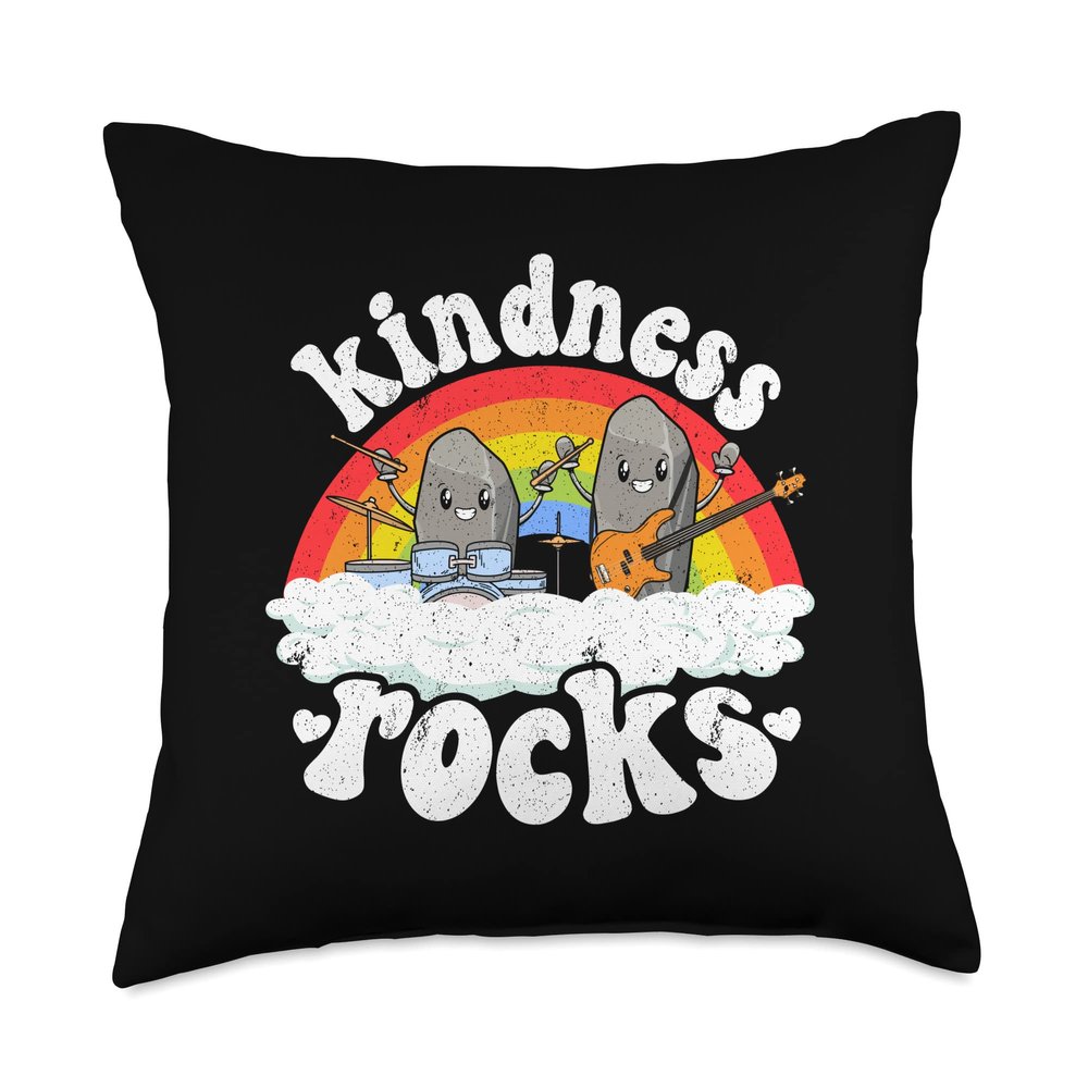 Retro Teacher & Kindness Gifts Men Women Kids Anti Bullying Rainbow Hippie Music Teacher Kindness Rocks Throw Pillow, 18x18, Multicolor