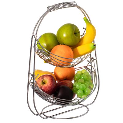 Basicwise 2 Tier Metal Fruit Holder Swing Basket for Kitchen | Detachable Countertop Vegetables Storage Organizer with Display Hammock Stand for Farmhouse, Living Room, Dining Room