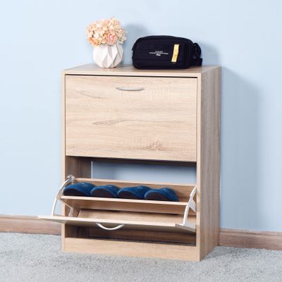 ACLULION Wooden Shoe Cabinet with 2 Flip Drawers, 2 Tier Narrow Shoe Storage Cabinet for Small Space, Modern Freestanding Shoe Organizer for Entryway, Holds 10 Pair Shoes