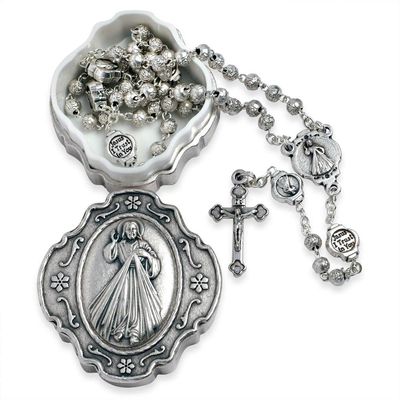 Catholic Rosary Beads with Metal Keepsake Gift Box Set (Divine Mercy Silver Tone)