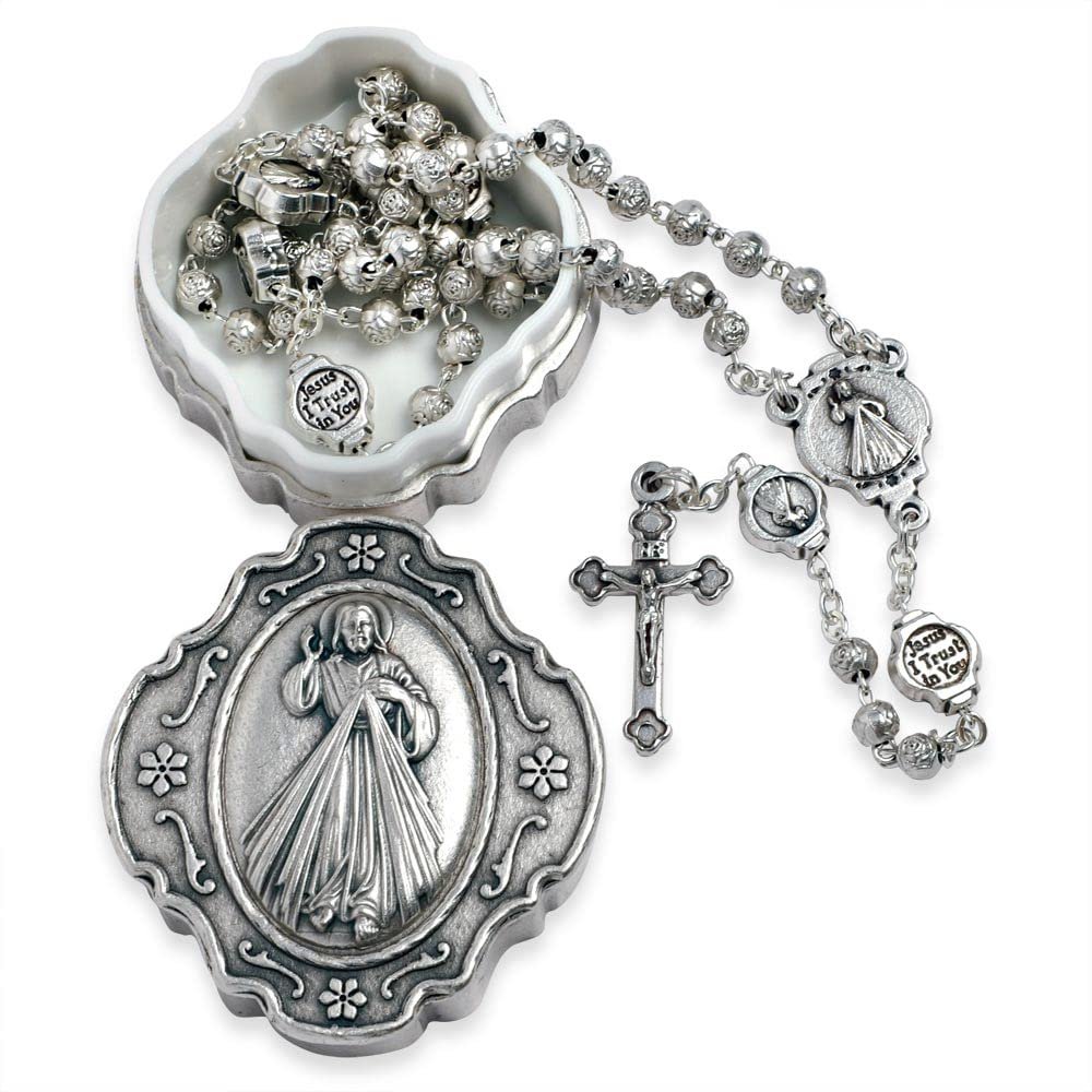 Catholic Rosary Beads with Metal Keepsake Gift Box Set (Divine Mercy Silver Tone)