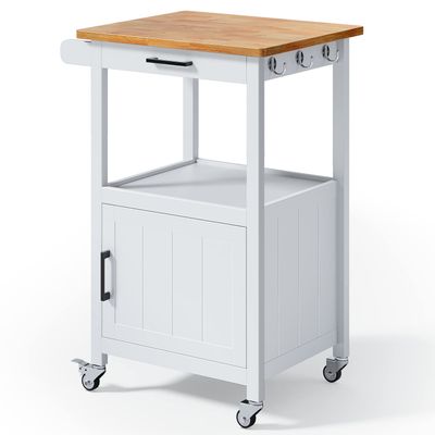 Qsun Kitchen Cart with Drawer, Small Kitchen Island on Wheels, Microwave Cart, Small Home Coffee Bar, Microwave Stand, Rolling Kitchen Island Cart with Side Hook, White