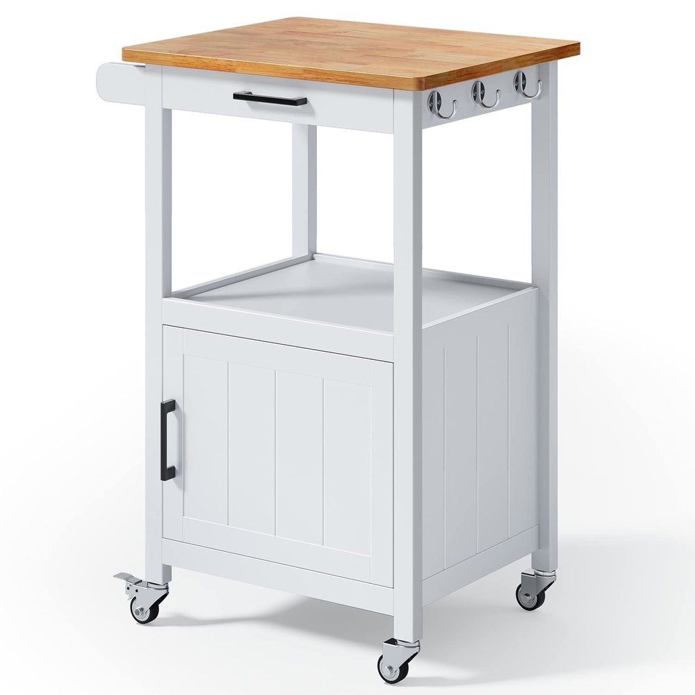 Qsun Kitchen Cart with Drawer, Small Kitchen Island on Wheels, Microwave Cart, Small Home Coffee Bar, Microwave Stand, Rolling Kitchen Island Cart with Side Hook, White