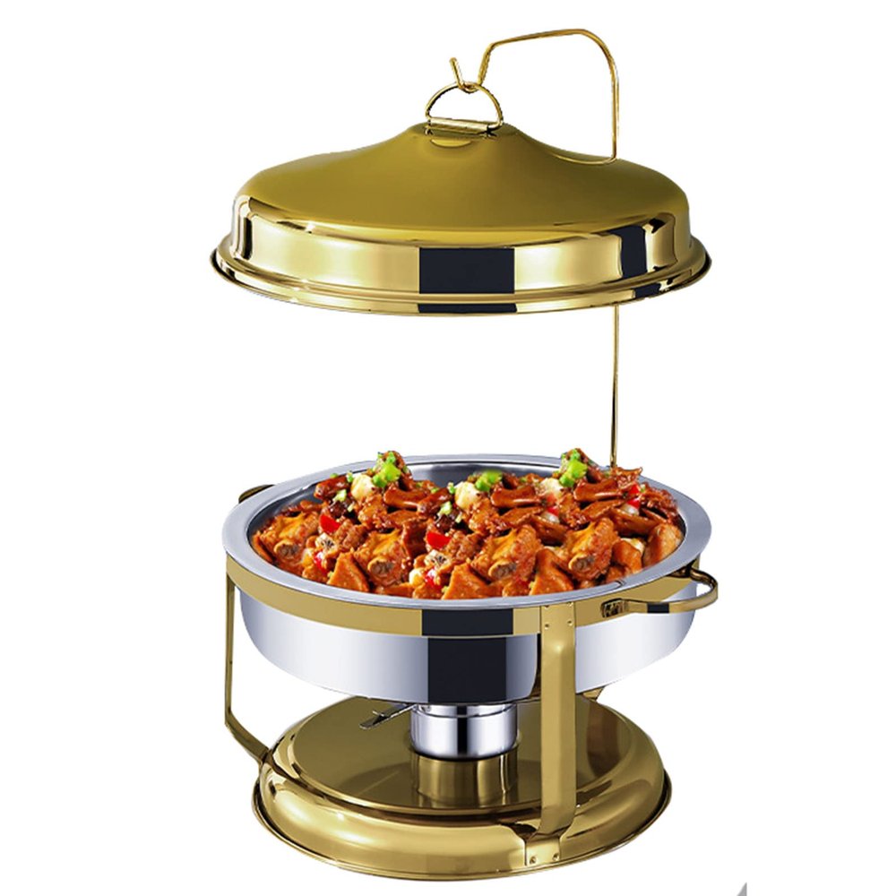 Helikim Stainless Steel Chafing Dish with Hanging Cover, Catering Buffet Warming Container Set Includes Food Pan, Water Pan, Fuel Holder, for Party Wedding Buffet Equipment,Gold