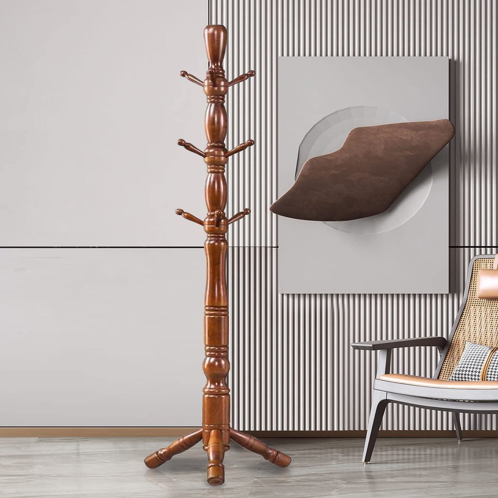 kongArnolsen Wood Coat Rack Hall Tree, Stable Triangle Base Coat Tree with 3 Height Options and 9 Hooks, Vintage Coat Rack Freestanding for Hall Entryway, Bedroom and Home Office (Walnut)