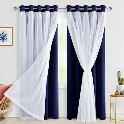 Hiasan Blackout Curtains with Sheer Overlay 84 Inches Long, Thermal Insulated Mix & Match Double Layer Window Curtains for Bedroom, Living Room, Nursery, 2 Panels with Tiebacks, Navy Blue, 60W X 84L