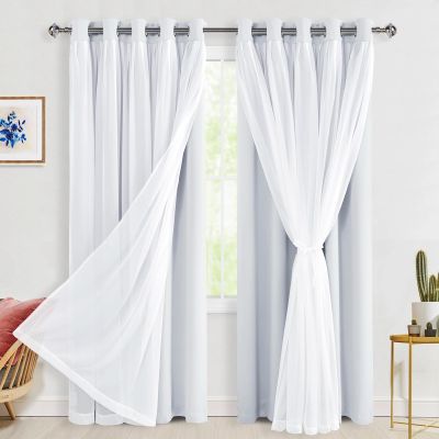 Hiasan Blackout Curtains with Sheer Overlay, Thermal Insulated Privacy Double Layer Mix & Match Grommet Window Curtains for Bedroom, Living Room, 2 Drape Panels with Tiebacks, Greyish White, 60W X 84L
