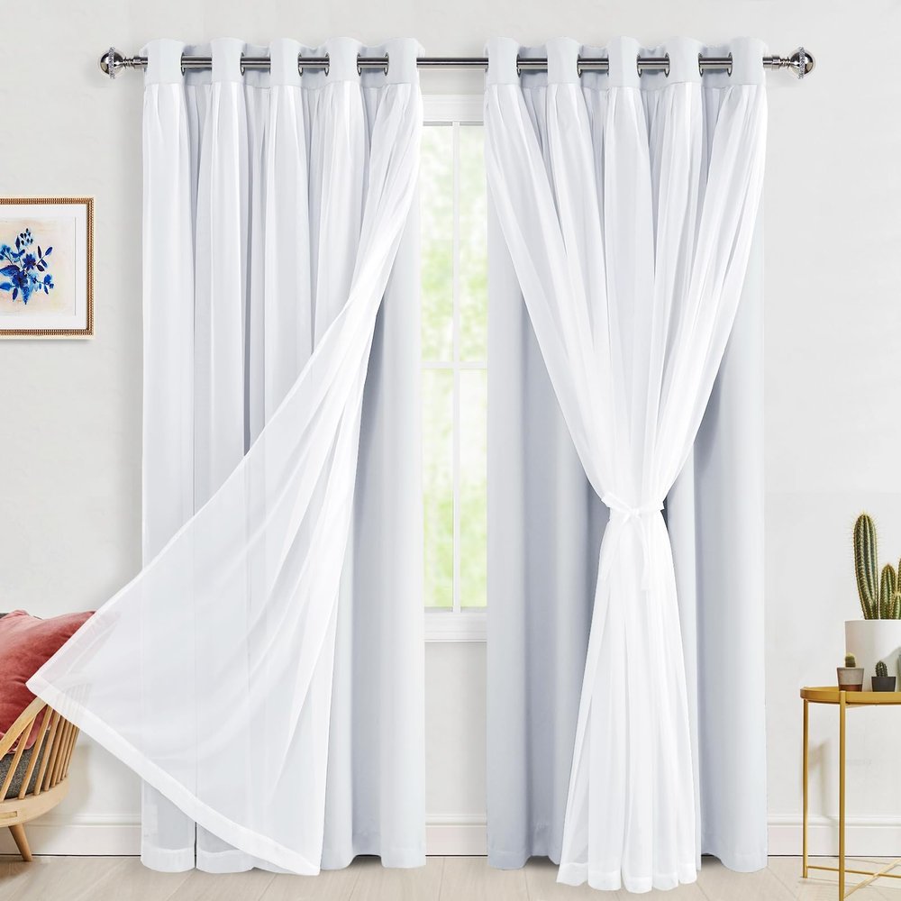 Hiasan Blackout Curtains with Sheer Overlay, Thermal Insulated Privacy Double Layer Mix & Match Grommet Window Curtains for Bedroom, Living Room, 2 Drape Panels with Tiebacks, Greyish White, 60W X 84L