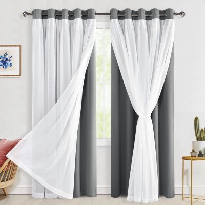 Hiasan Blackout Curtains with Sheer 84 Inches Long, Grommet Thermal Insulated Mix & Match Double Layer Window Curtains for Bedroom, Living Room, 2 Drape Panels with Tiebacks, Grey, 60W X 84L
