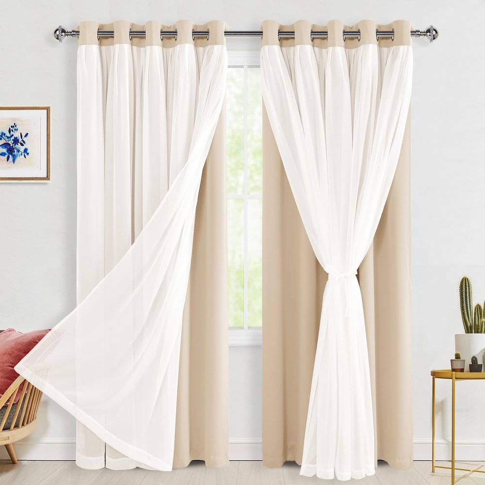 Hiasan Mix & Match Blackout Curtains with Sheer Overlay, Thermal Insulated Privacy Double Layer Room Darkening Window Curtains for Bedroom, Living Room, 2 Panels with Tiebacks, Beige, 60W X 84L