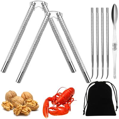 Artcome 8 Pcs Nutcracker Stainless Steel Nut Cracker Set - 2 Nut Cracker, 4 Picks, 1 Wide Crab Fork and 1 Storage Bag