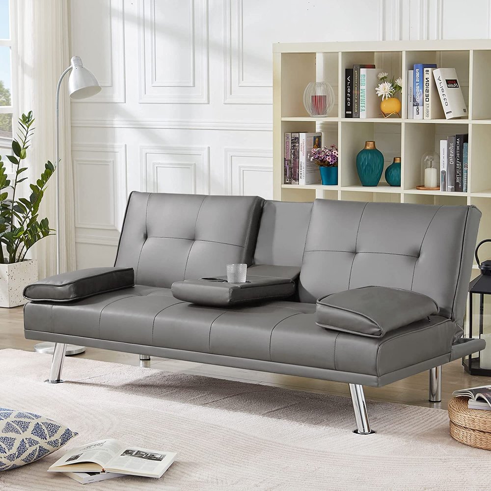 Anwick Modern Leather Futon Sofa Bed,Convertible Folding Couch Recliner Sleeper Loveseat for Small Space,Apartment,Office,Dorm,with Cup Holders and Removable Armrest (Grey)