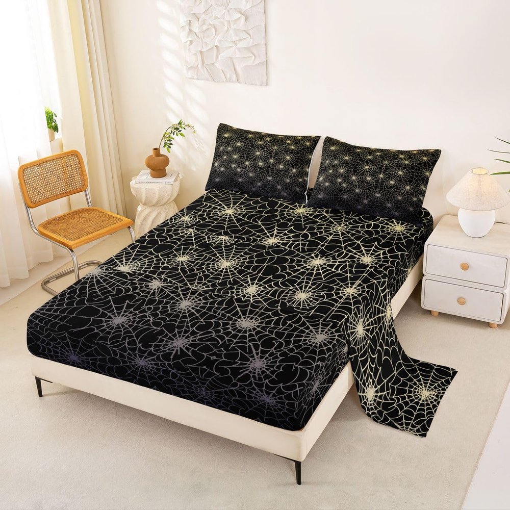 Erosebridal Spider Web Bed Sheets Happy Halloween Sheet Set Geometric Stripes Lines Bedding Set Full Size Yellow Ombre Flat Sheet for Kids Boys Girls Soft Horror Room Decor 4Pcs, Black White