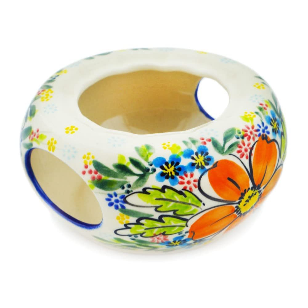 Polmedia Polish Pottery Heater UNIKAT - Retro Garden Pattern Handmade in Boleslawiec Poland + Certificate of Authenticity