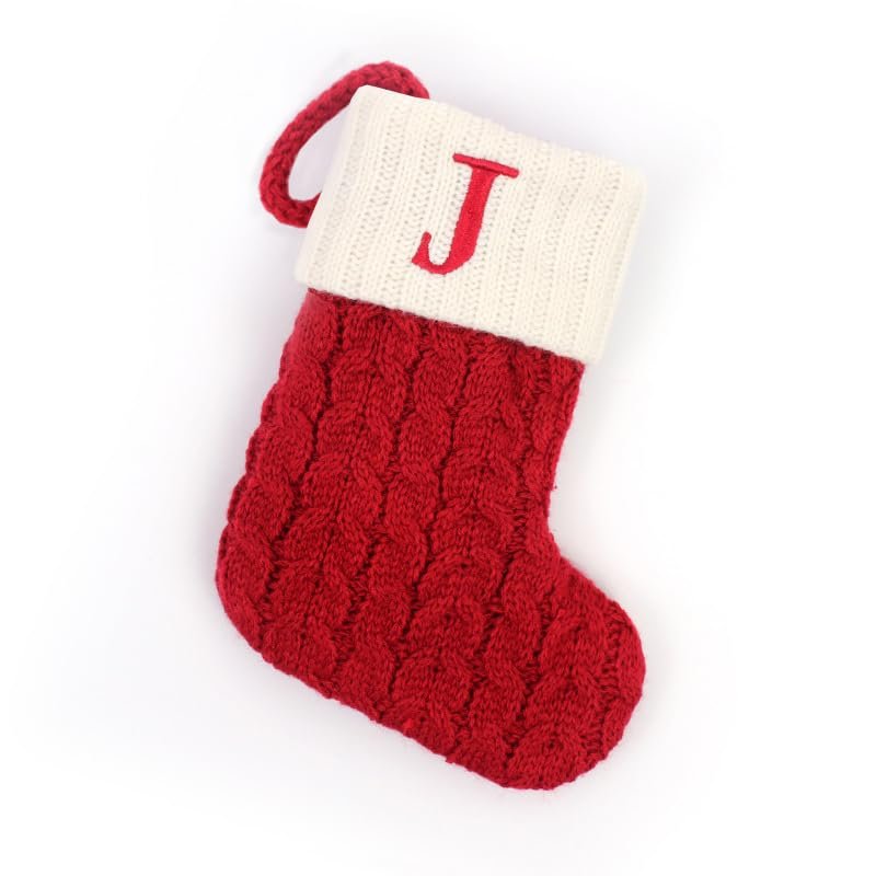Christmas Stocking with 26 Letter, Initial Embroidered Mini Cute Christmas Stockings Cotton Cord with White Super Soft Plush Cuffs Christmas Decorations, 5.5 * 7.1 in (J)