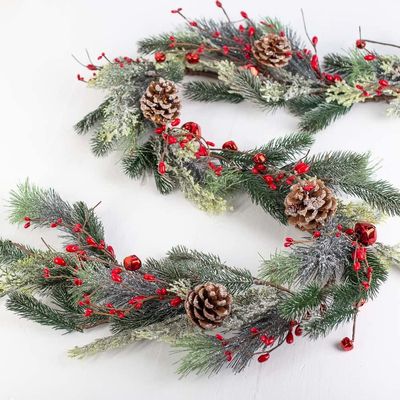 Artificial Snowy Country Pine Pip Berry and Bells Garland  Christmas Rustic Berries, Farmhouse Home Decor for Table Arrangements, Fireplace Mantel, and Holiday Centerpiece Decorations (60" Long)