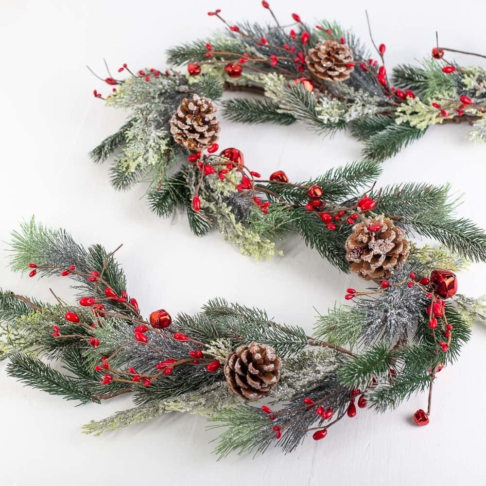 Artificial Snowy Country Pine Pip Berry and Bells Garland  Christmas Rustic Berries, Farmhouse Home Decor for Table Arrangements, Fireplace Mantel, and Holiday Centerpiece Decorations (60" Long)