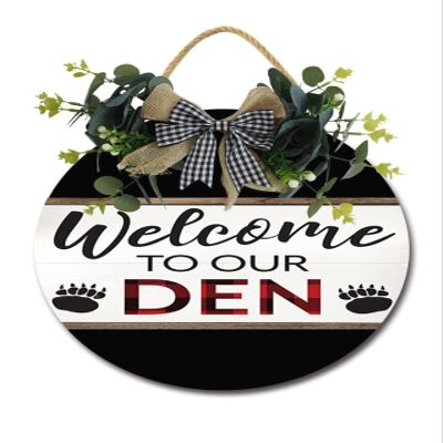 Welcome To Our Den Door Sign Home Decor Round Wood Wreaths Wall Hanging Sign Farmhouse Porch Sign Front Door Decoration for Housewarming Gift All Seasons Holiday,11In