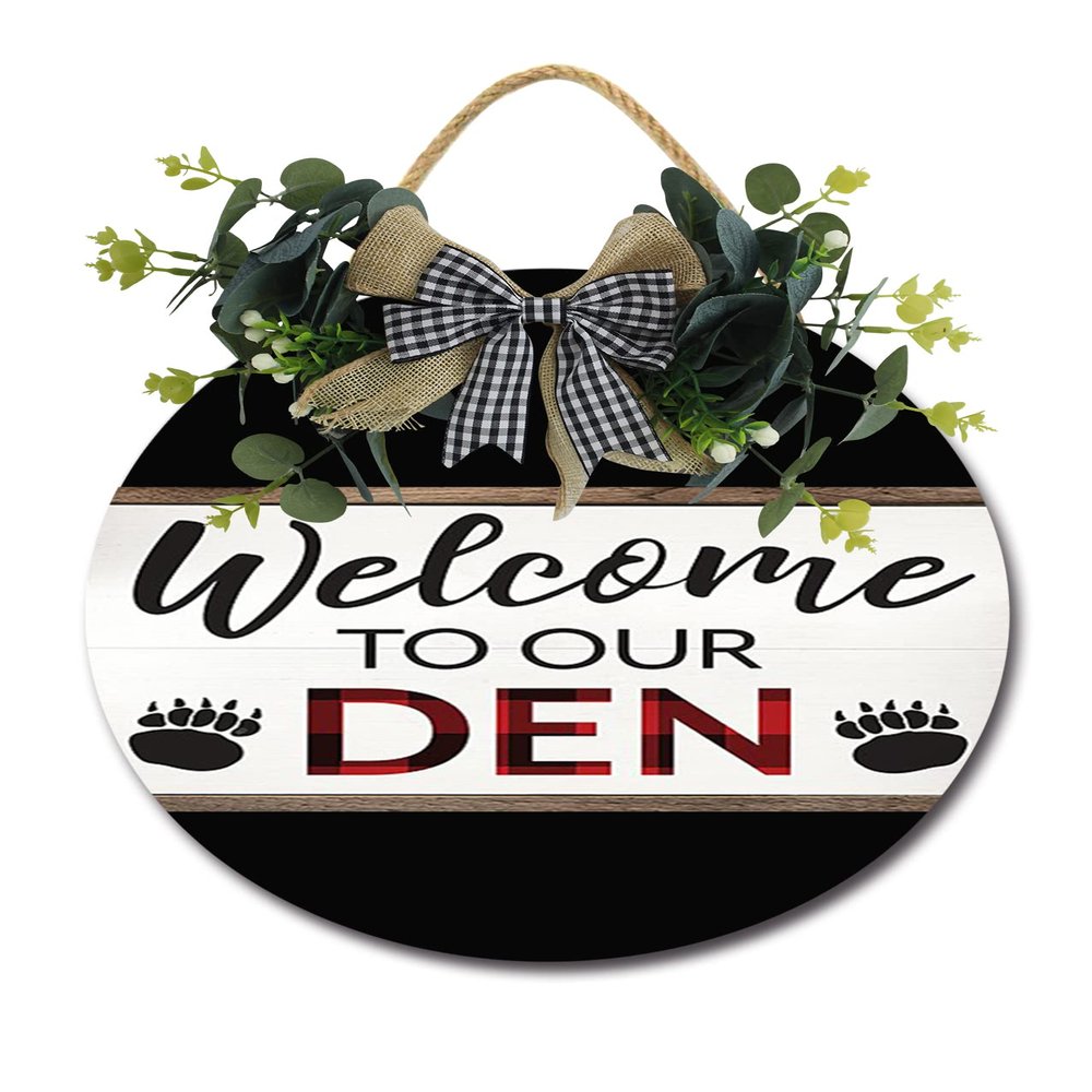 Welcome To Our Den Door Sign Home Decor Round Wood Wreaths Wall Hanging Sign Farmhouse Porch Sign Front Door Decoration for Housewarming Gift All Seasons Holiday,11In