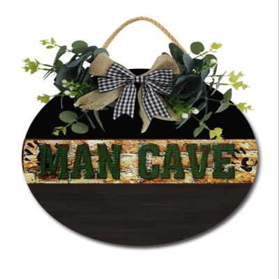 Man Cave Door Sign Home Decor Round Wood Wreaths Wall Hanging Sign Farmhouse Porch Sign Front Door Decoration for Housewarming Gift All Seasons Holiday,11In