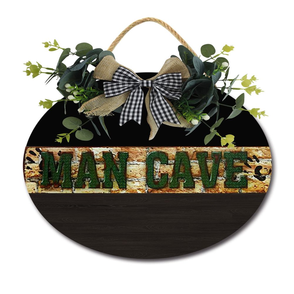 Man Cave Door Sign Home Decor Round Wood Wreaths Wall Hanging Sign Farmhouse Porch Sign Front Door Decoration for Housewarming Gift All Seasons Holiday,11In