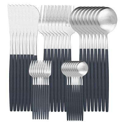Silverware Set, 40PCS Dinnerware Set Matte Cutlery Set Stainless Steel Flatware Cake Fruit Fork Kitchen Knife Fork Spoon Tableware Set Serves for 8 (Color : Black Silver)