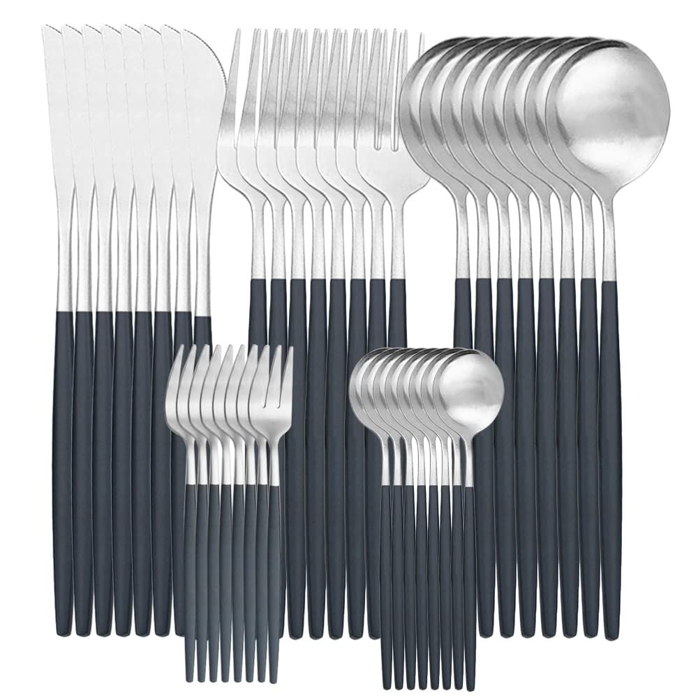 Silverware Set, 40PCS Dinnerware Set Matte Cutlery Set Stainless Steel Flatware Cake Fruit Fork Kitchen Knife Fork Spoon Tableware Set Serves for 8 (Color : Black Silver)
