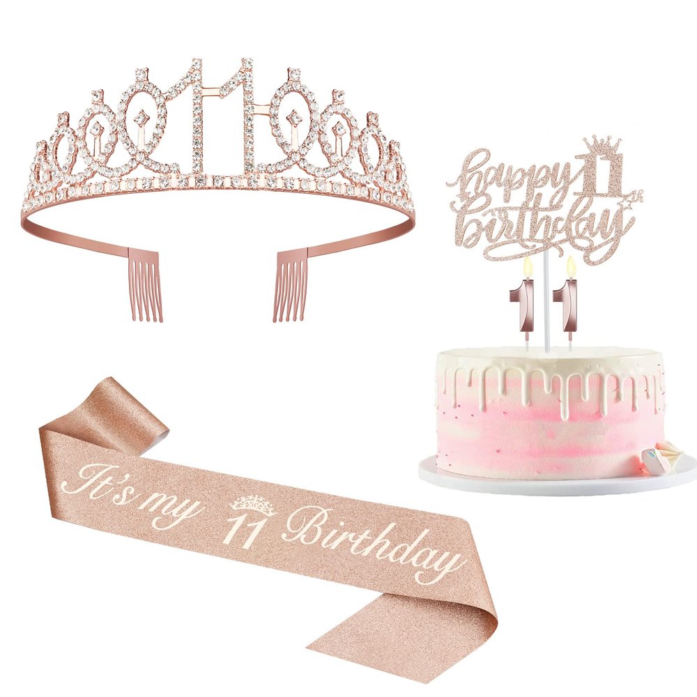 11th Birthday Decorations for Girl with Sash and Tiara, Numeral Candle and Cake Topper, 11 Year Old Birthday Decorations Gifts, Rose Gold Party Favor Supplies