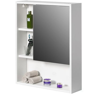 Basicwise Wall Mount Bathroom Mirrored Storage Cabinet with Open Shelf | 2 Adjustable Shelves Medicine Organizer Storage Furniture for Bathrooms, Kitchens, and Laundry Room (White)