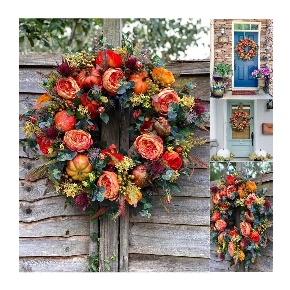 2022 New Fall Peony and Pumpkin Wreath Year Round, Farmhouse Fall Wreaths for Front Door, Durable Autumn Wreath with Maple Leaf Berry Pumpkin Pinecone Harvest Wreath for Halloween Home Decor (19.69IN)