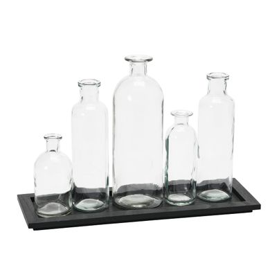 Creative Co-Op Wood Tray with Vintage Glass Bottle Vases, Black, Set of 5 Sizes