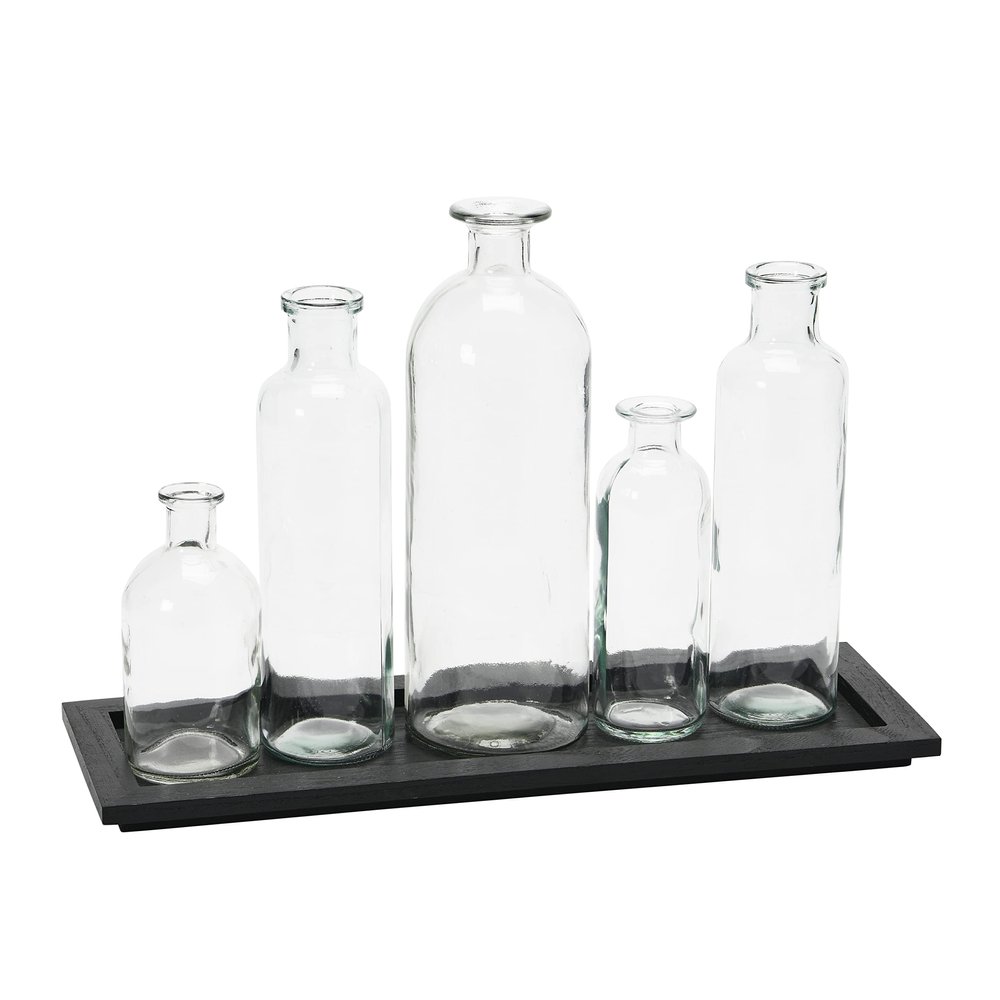 Creative Co-Op Wood Tray with Vintage Glass Bottle Vases, Black, Set of 5 Sizes