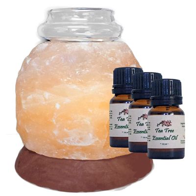 Himalayan Salt Aromatherapy Diffuser Lamp with Tea Tree Essential Oil - Care Package Includes: Beautiful Wood Base, UL Listed Cord, Switch, Bulb, Pipette and 3 Bottles of 10ml. Tea Tree Essential Oil