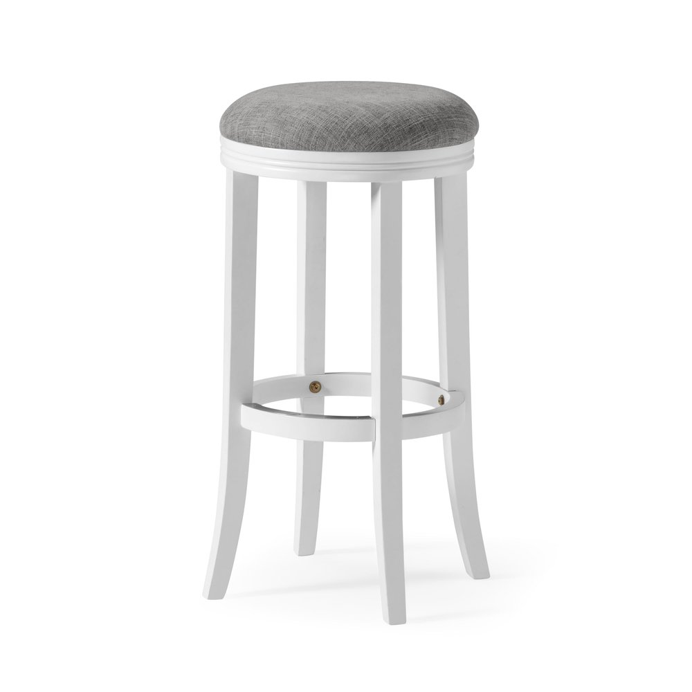 New Ridge Home Goods Avery 31in. Bar-Height Wood Backless Barstool with Upholstered Grey Swivel Seat, White Frame