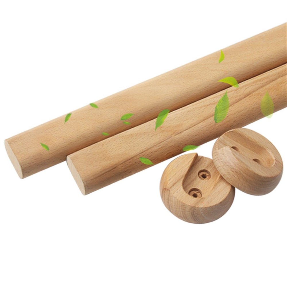 Wood Oval Wardrobe Closet Rod for Hanging Clothes Premium Closet Pole Wardrobe Cross- bar Clothes Hanging Rods Polished Natural Beech Wardrobe Closet Rod with End Supports for Closet Storage
