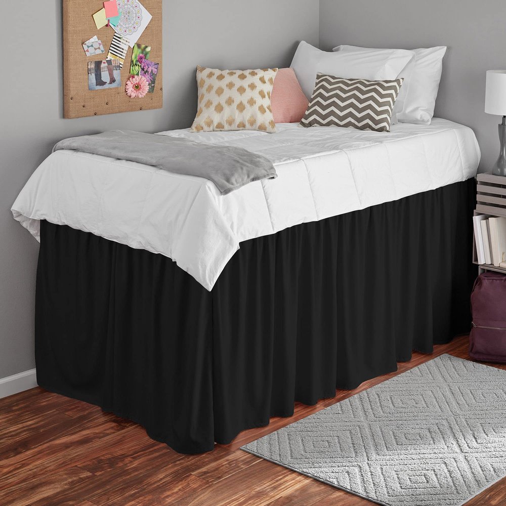 1000 Thread Count 100% Egyptian Cotton - Black Split Corner Ruffled Extra Long Dorm Room Bed Skirt with Three Side Coverage in Twin XL Size [39" x 80"+ 30" inch Drop]