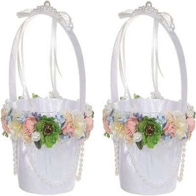 2Pcs Wedding Flower Basket with Pearls Decoration, Flower Girl Basket, White Rustic Flower Basket with Handle Candy Basket for Wedding Party