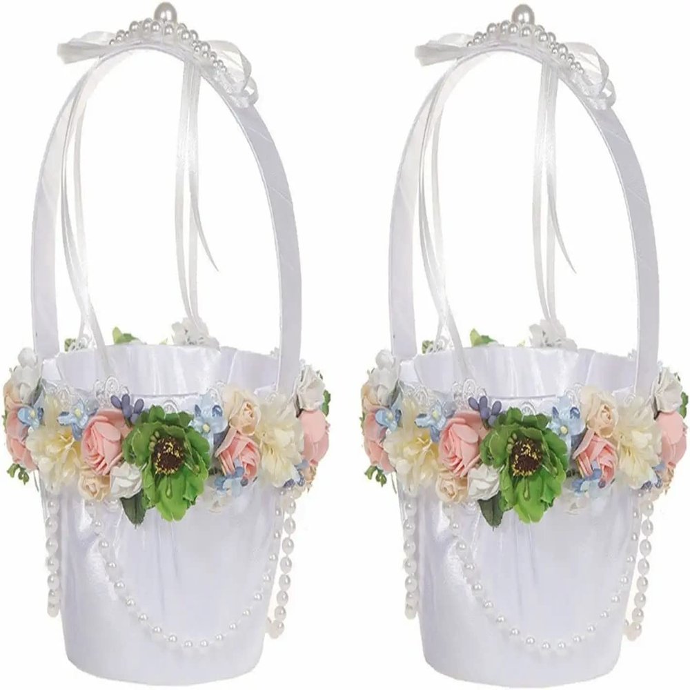 2Pcs Wedding Flower Basket with Pearls Decoration, Flower Girl Basket, White Rustic Flower Basket with Handle Candy Basket for Wedding Party
