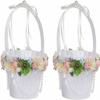 2Pcs Wedding Flower Basket with Pearls Decoration, Flower Girl Basket, White Rustic Flower Basket with Handle Candy Basket for Wedding Party view 1